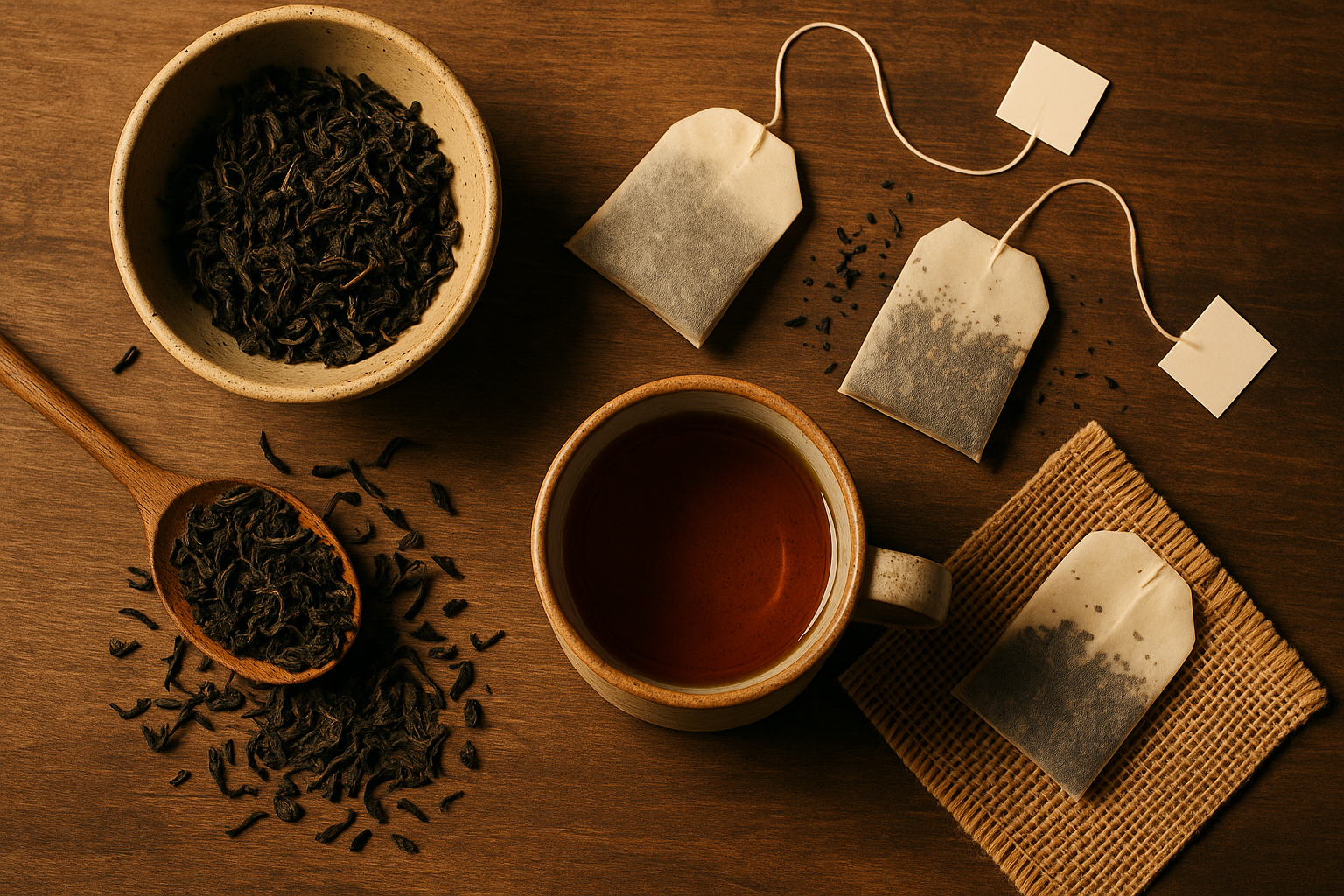 A cozy flat lay of loose-leaf tea beside a teacup and tea bags on a wooden table, with a tea strainer and scattered leaves under soft natural light, illustrating the difference between loose and bagged tea for a heritage tea shop blog.