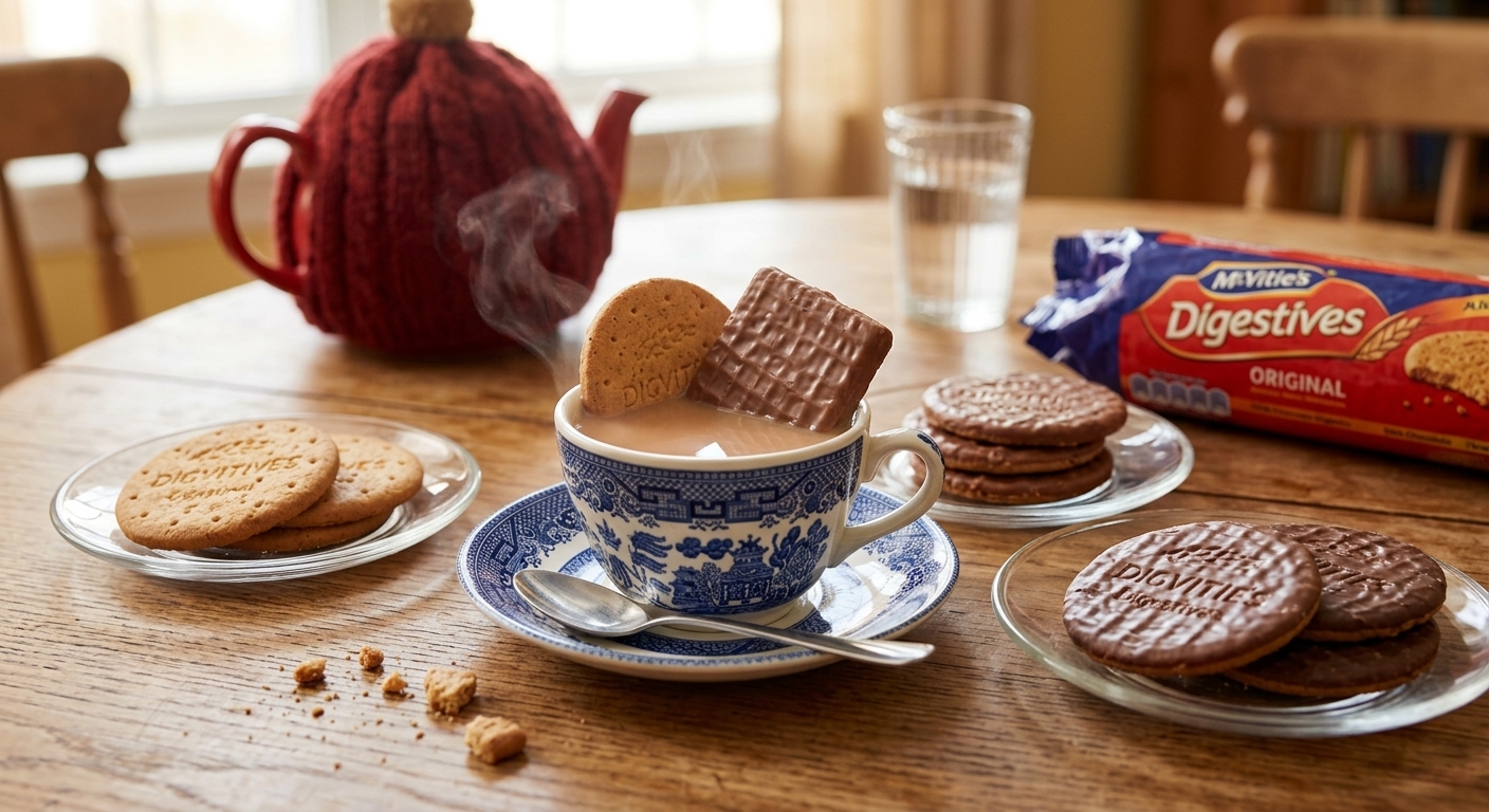 McVitie’s original and chocolate Digestive biscuits arranged around a cup of tea. Original and chocolate McVitie’s Digestives served with tea, with a red-covered teapot and package of biscuits in the background.